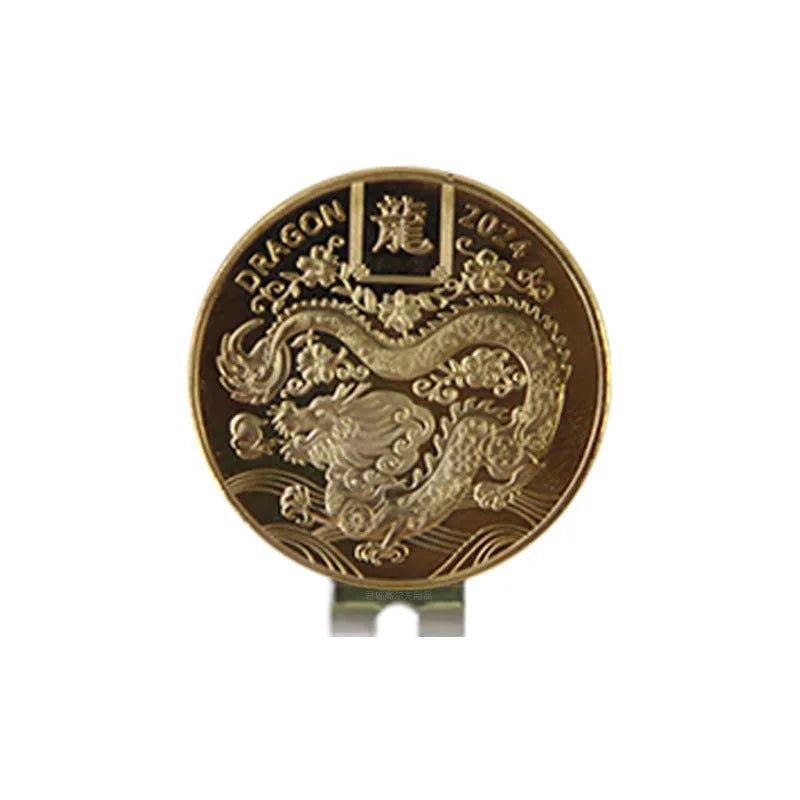 Zinc alloy golf hat clip showing engraved Dragon Year pattern design for promotional gifts