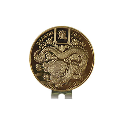 Zinc alloy golf hat clip showing engraved Dragon Year pattern design for promotional gifts