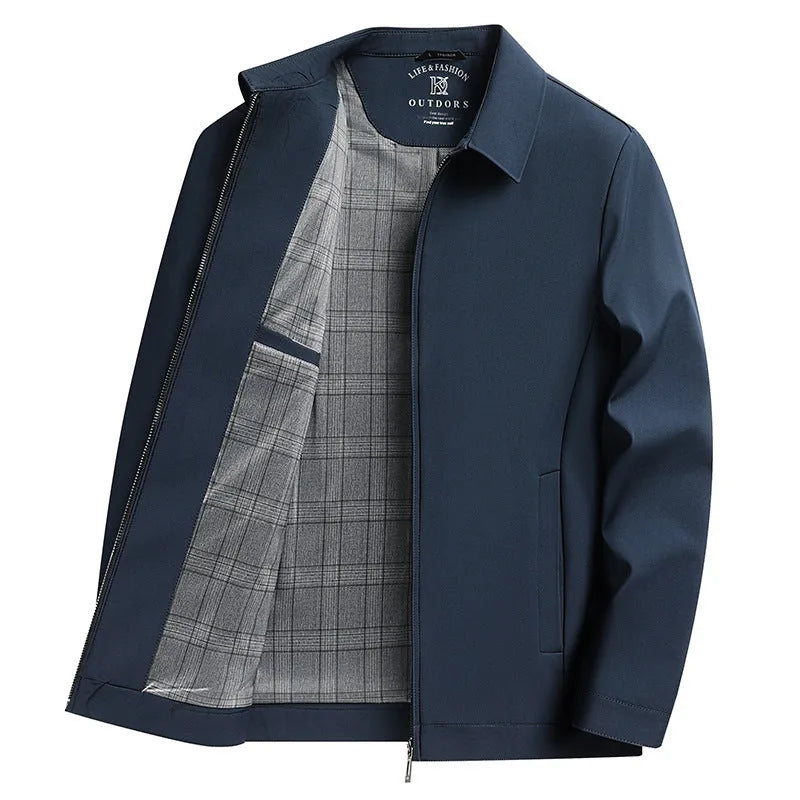 Men's solid colour casual jacket with polo collar and side seam pockets in navy blue