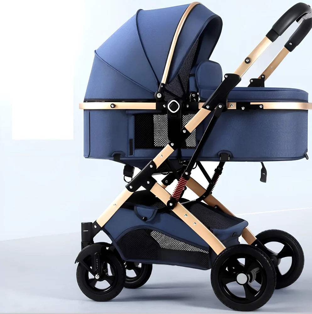 Portable folding baby stroller in dark blue with aluminum alloy frame and rubber wheels for 0-36 month newborns