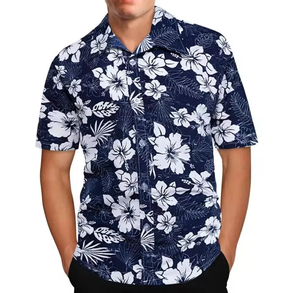 Men's loose fit short sleeve shirt with a colourful floral pattern, cardigan style.