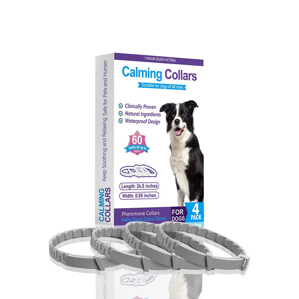 Four adjustable dog anxiety collars with Chinese style patterns in different colours showing 62cm length and TPR material