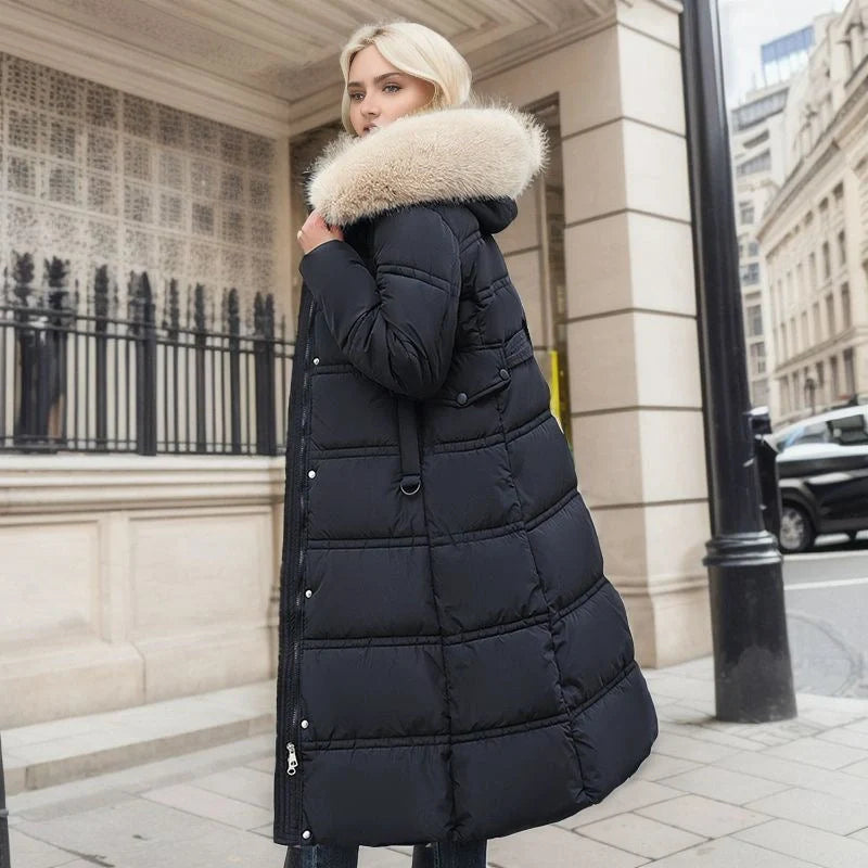 Women's stylish winter coat with fur hood and belt in various colors