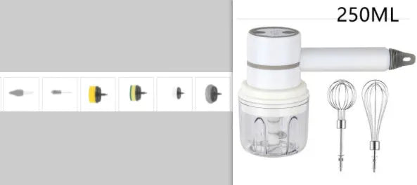 Green rechargeable electric hand mixer with whisk and beater attachments on a kitchen counter