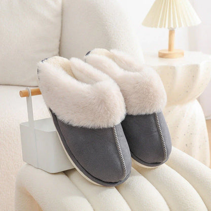 Cozy plush house slippers for women in various colors and sizes, featuring soft, warm, and non-slip design
