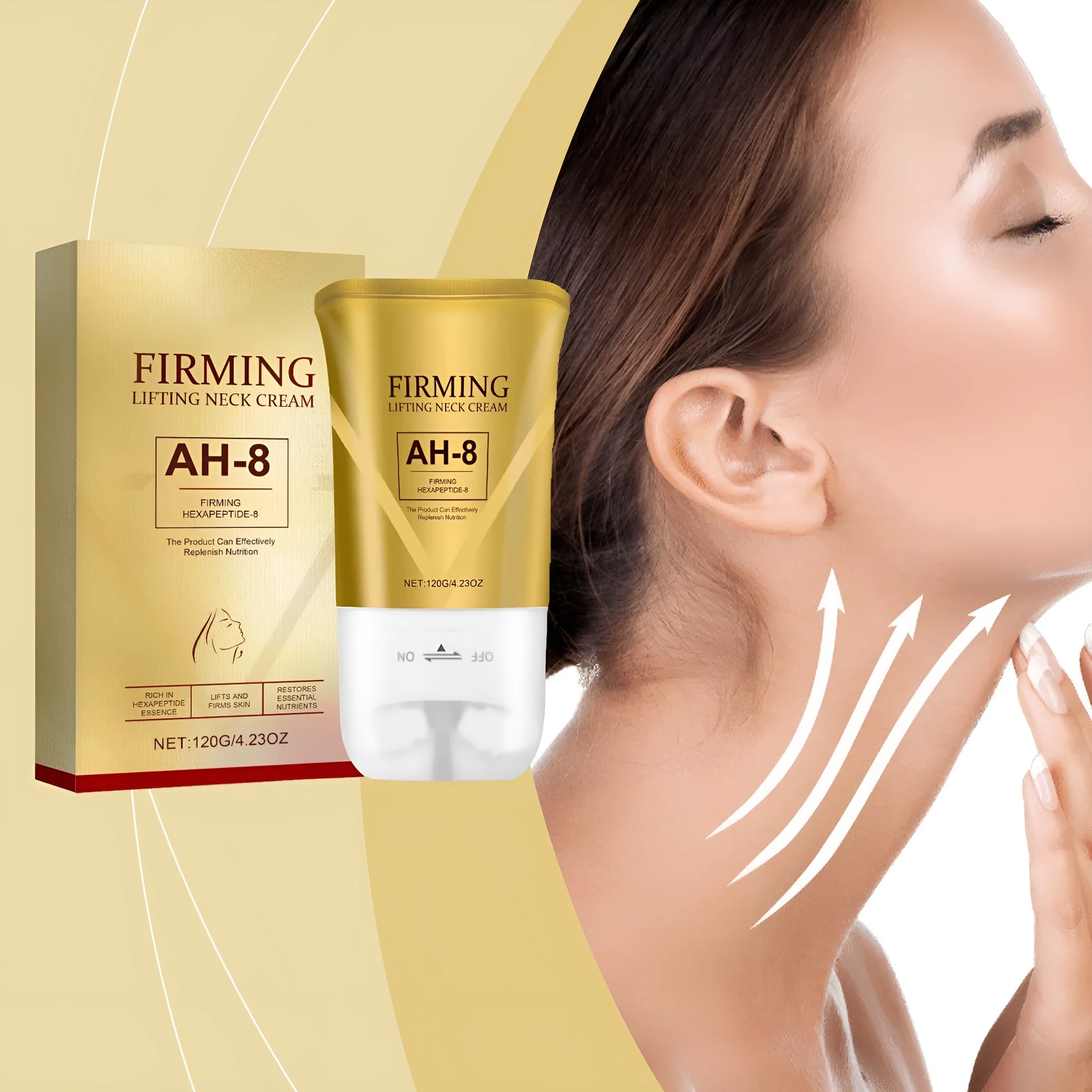 Tightening roller cream for neck lines in 8.6cm x 17.5cm container with integrated massage applicator