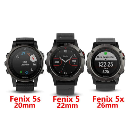 Stainless steel watch band for Garmin Fenix smartwatch, showing straight buckle and metal links.