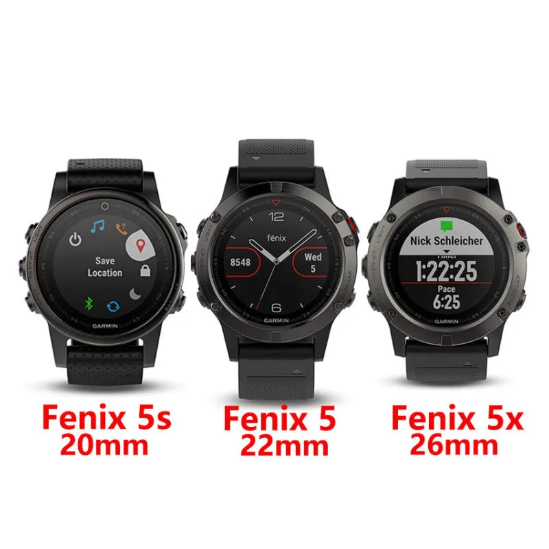 Stainless steel watch band replacement strap for Garmin Fenix 3 and Fenix 5X smartwatches, straight buckle interface, available in 20mm, 22mm, and 26mm widths, in silver, black, gold, rose gold, and blue colour options