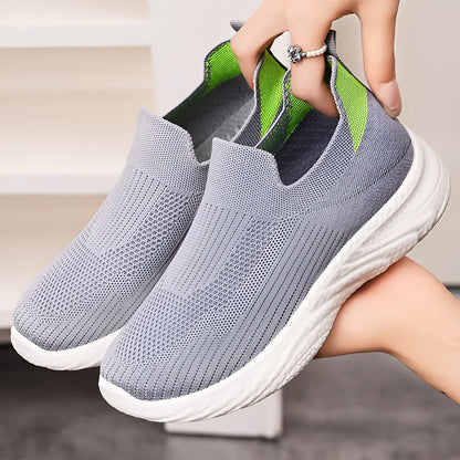 Women's Flyknit casual running shoes with soft PVC sole in black, grey, pink, and blue colour options.
