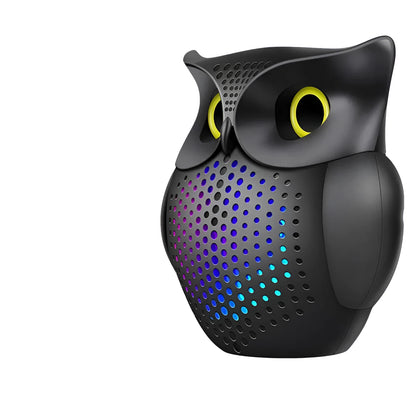 Black cartoon owl design wireless Bluetooth speaker measuring 4 inches tall with USB charging port