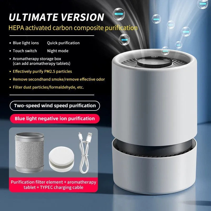 White simple style desktop air purifier with USB Type-C cable on a wooden desk.