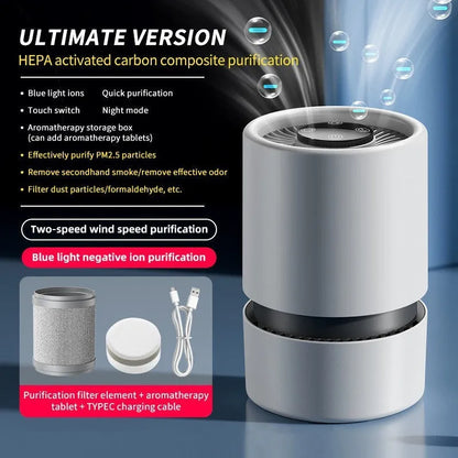 White simple style desktop air purifier with USB Type-C cable on a wooden desk.