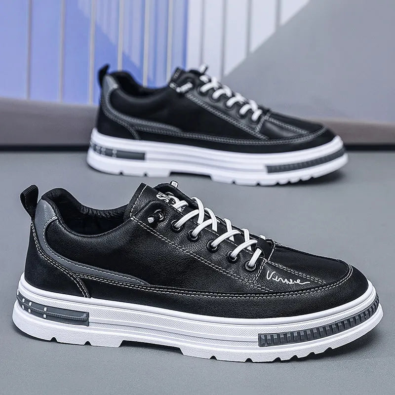 Men's white and black Korean style platform sneakers with elastic band and round toe.