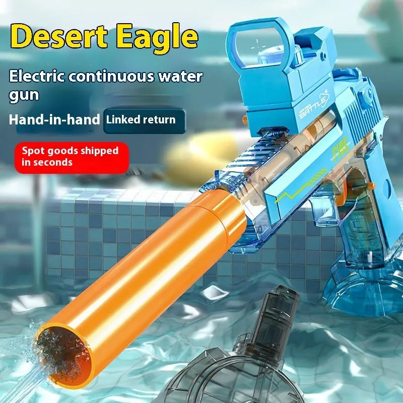 Automatic electric water gun toy with Desert Eagle linkage design, ammunition drum, silencer, and telescopic sight, 41.1cm long