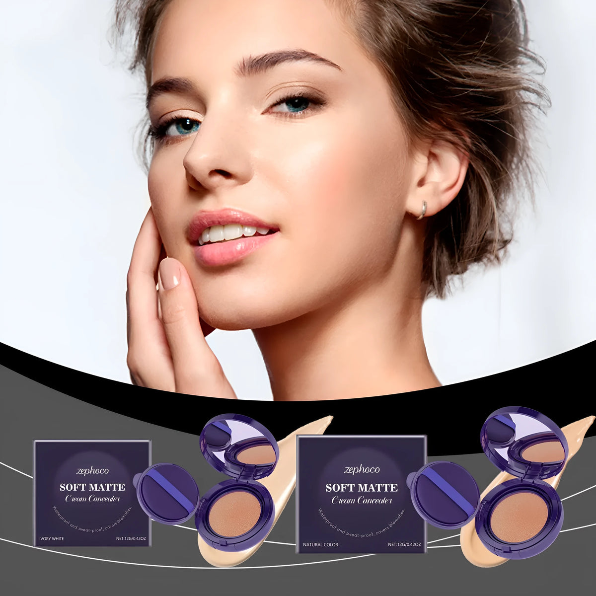 Soft matte cream concealer compact in Ivory White shade with air cushion applicator.