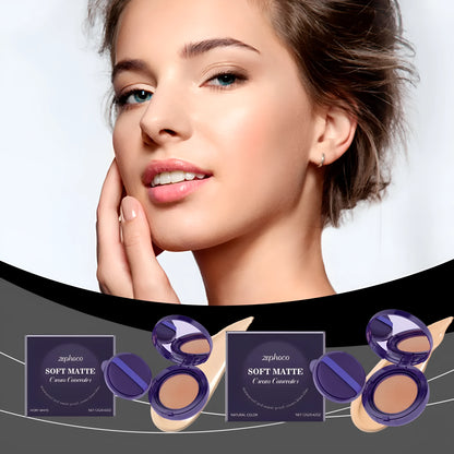 Soft matte cream concealer compact in Ivory White shade with air cushion applicator.