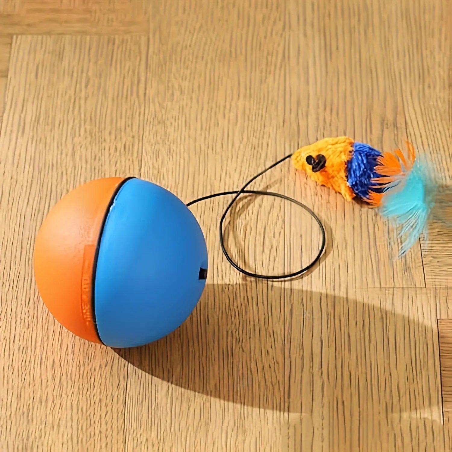 Interactive cat toy with ball and plush mouse design in blue and orange colours