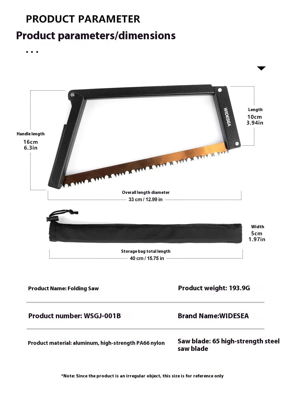 Black foldable outdoor saw with aluminium frame and PA66 nylon handle in open position.