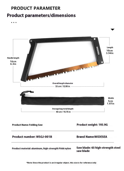 Black foldable outdoor saw with aluminium frame and PA66 nylon handle in open position.