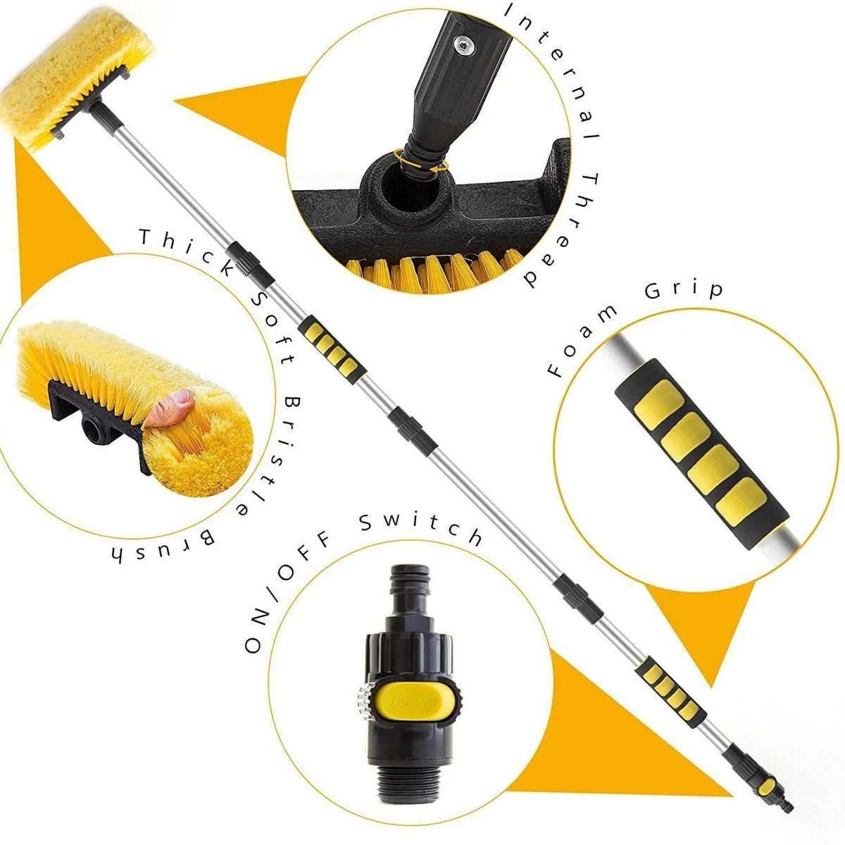 Yellow portable car wash brush with removable four-section rod and flow-through brush head