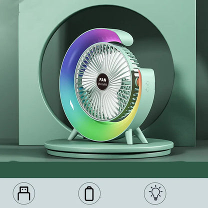 Grass green USB desktop fan with night light on a wooden desk