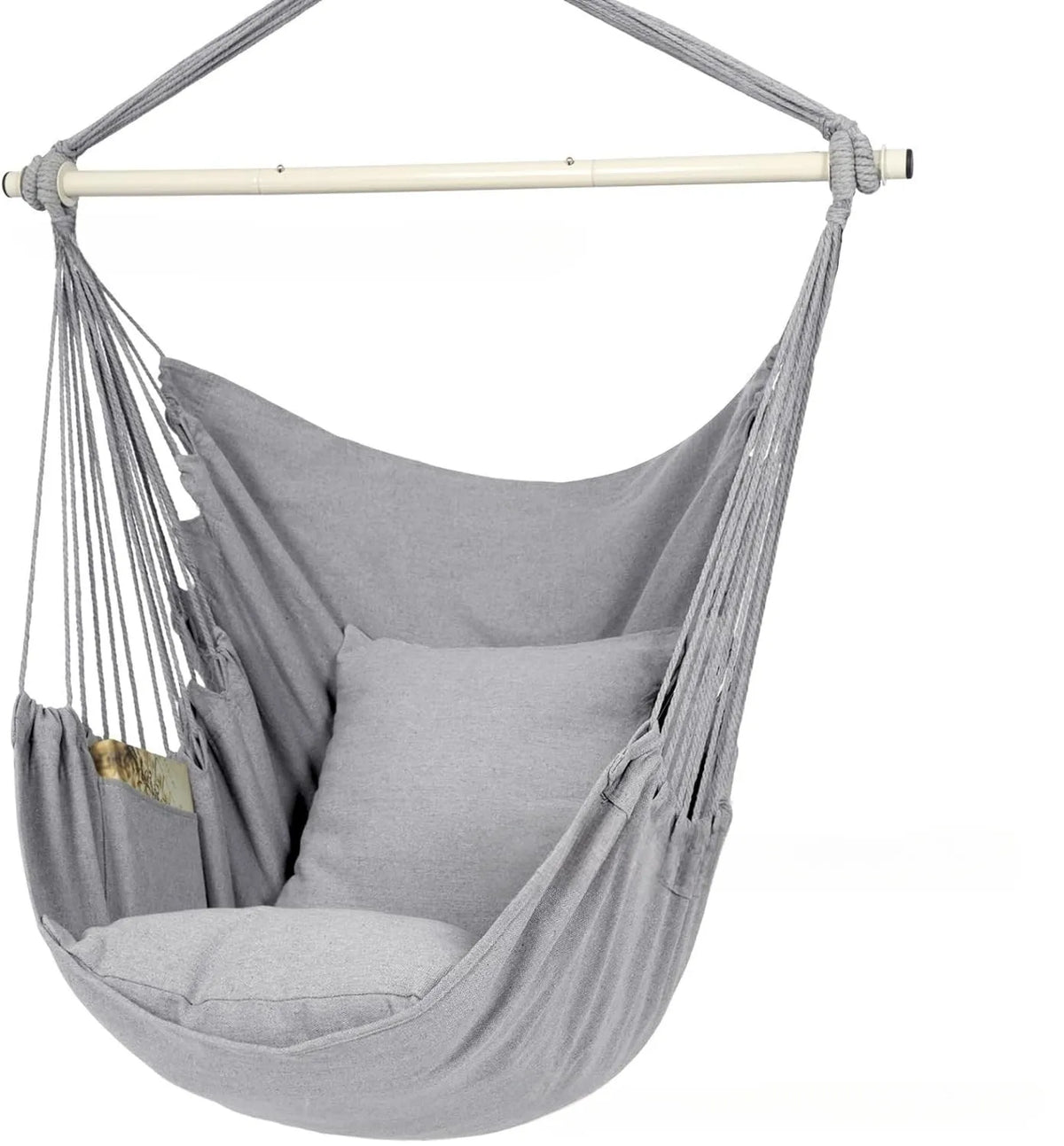 Folding outdoor tassel hammock in beige with canvas seat, cushion, and three-section iron pipe