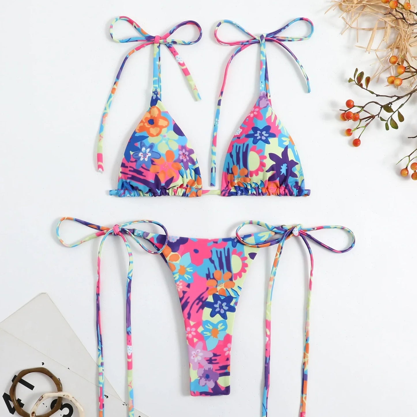 Yellow floral split bikini set for women, high elastic backless design in S-M-L sizes with polyester lining