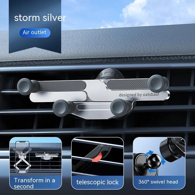 Aluminium alloy car mobile phone holder showing snap-on air vent clip and adhesive dashboard mount versions in black colour.
