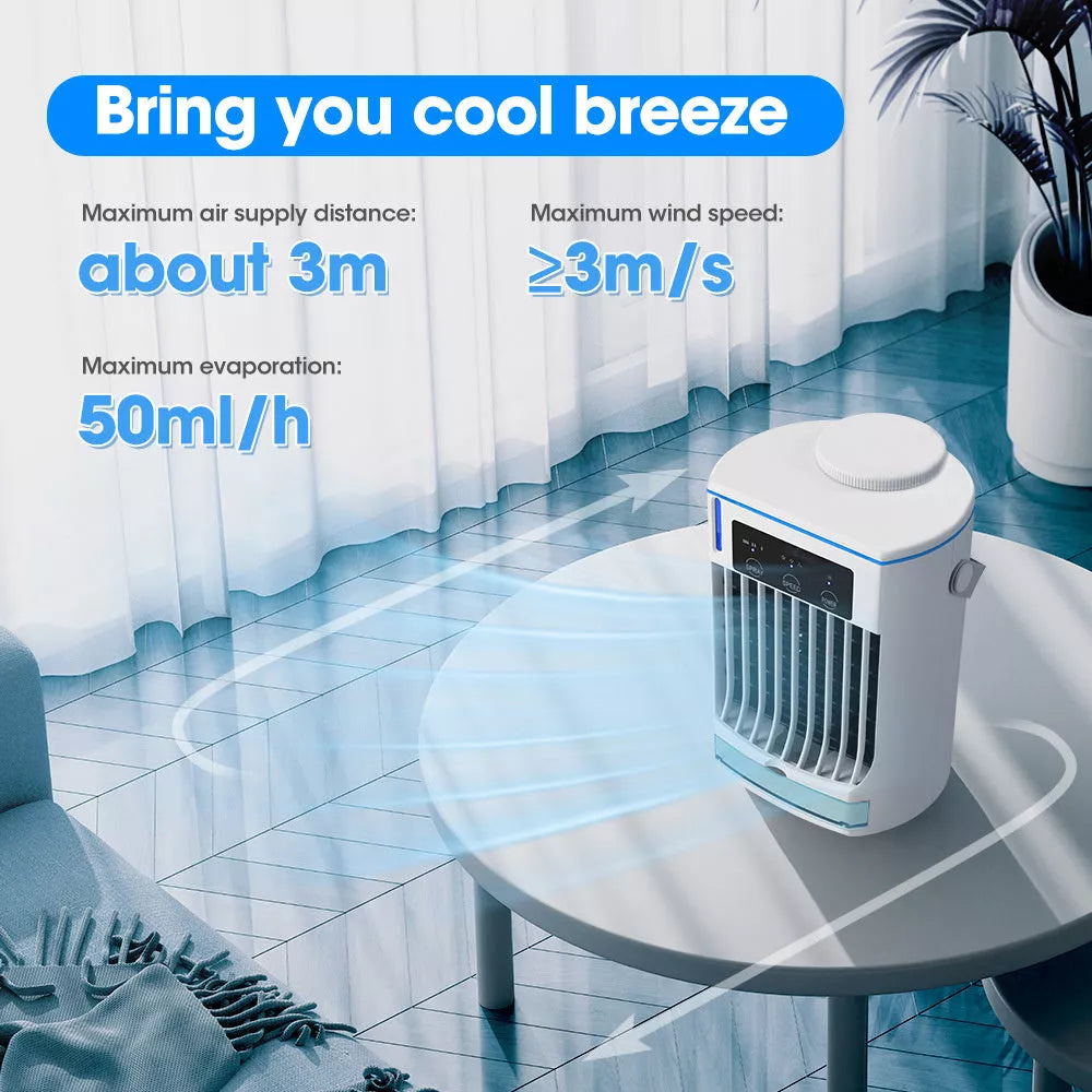 Compact USB-powered mini air cooler with humidification spray, bladeless design for safety