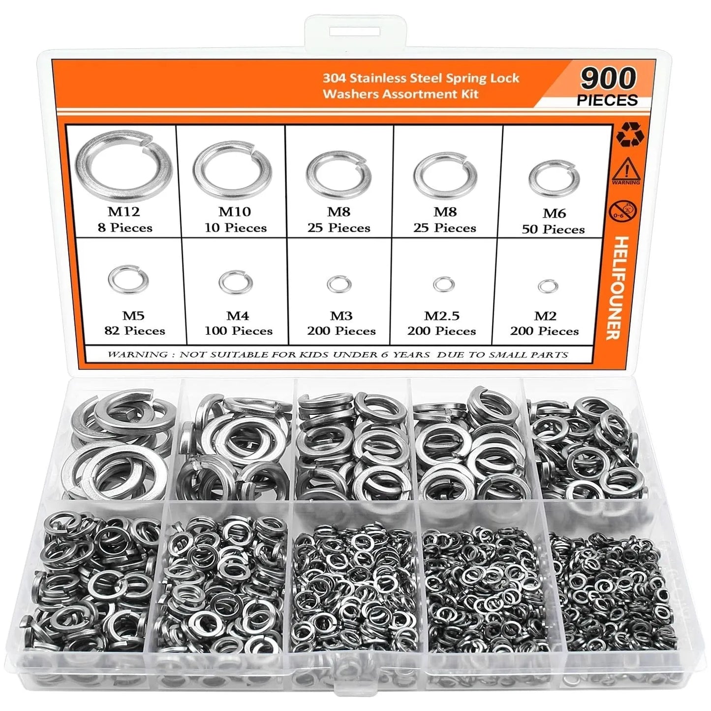304 stainless steel spring lock washer combination box with 900 pieces for 2-12mm fasteners
