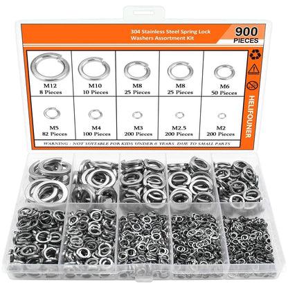 304 stainless steel spring lock washer combination box with 900 pieces for 2-12mm fasteners