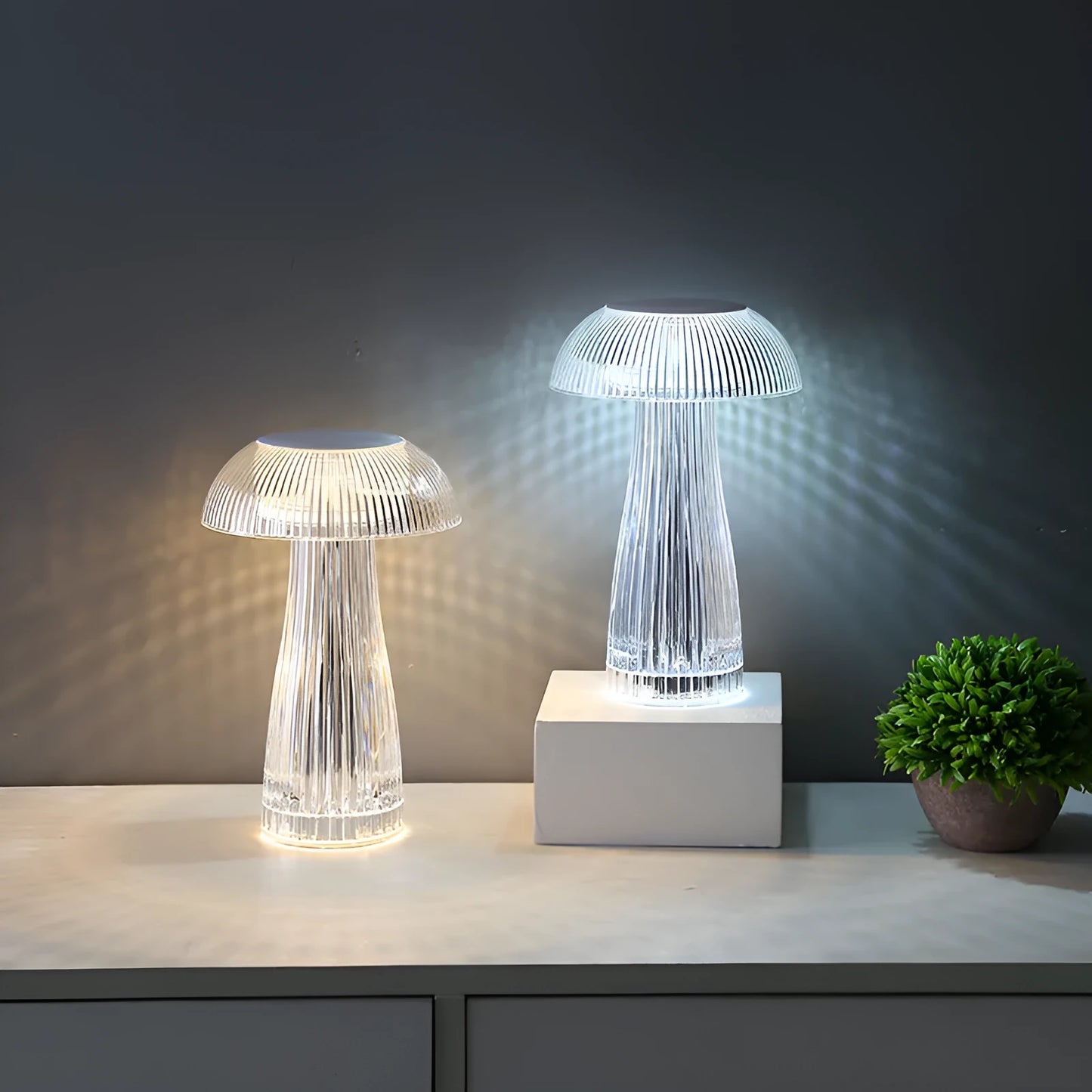 White jellyfish crystal table lamp with colour-changing lights on acrylic base