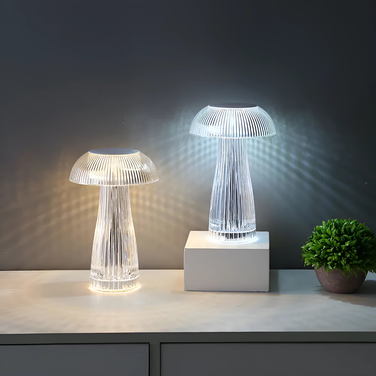 White jellyfish crystal table lamp with colour-changing lights on acrylic base