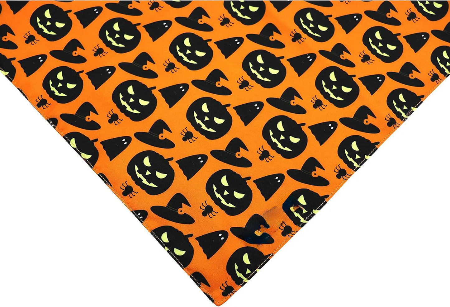 Black and orange reversible Halloween dog bandana with pumpkin and spider web patterns, adjustable for necks up to 16 inches