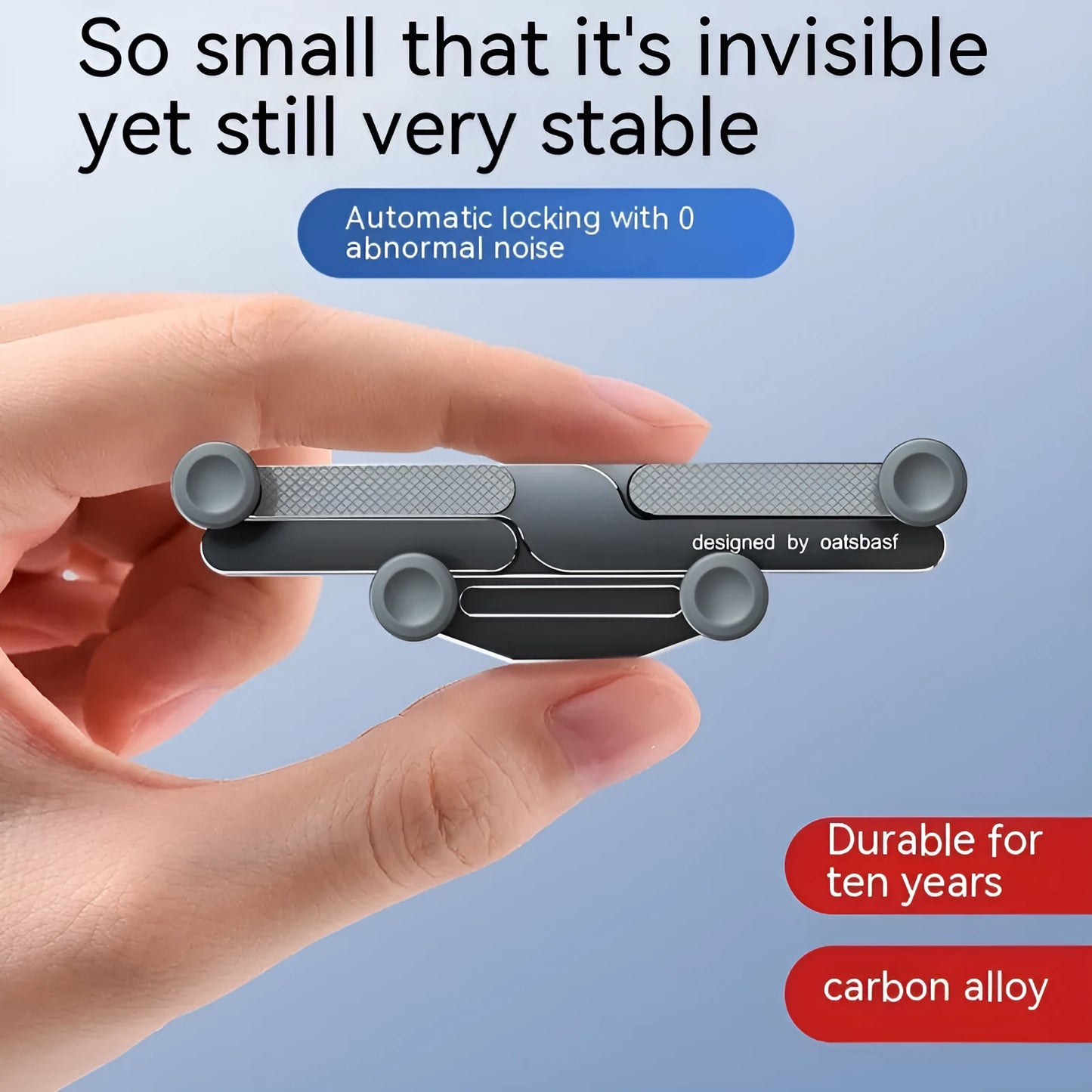 Aluminium alloy car mobile phone holder showing snap-on air vent clip and adhesive dashboard mount versions in black colour.