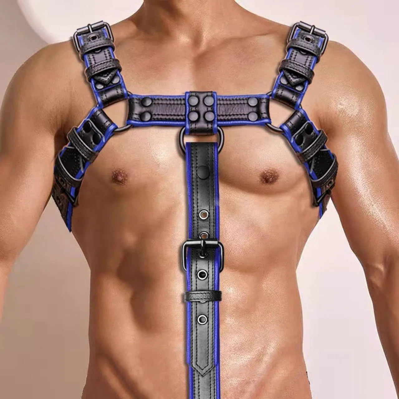 Blue and black leather party shoulder strap with metal buckle rivet and adjustable binding