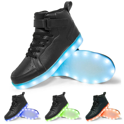 LED light-up high-top board shoes with velcro fastening in black, gold and white colours