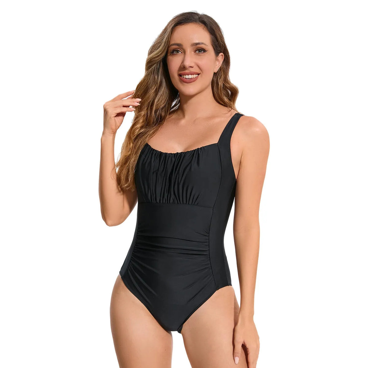 Women's one-piece swimsuit in multicolour prints including leopard print, navy blue and red, sizes S to XXL