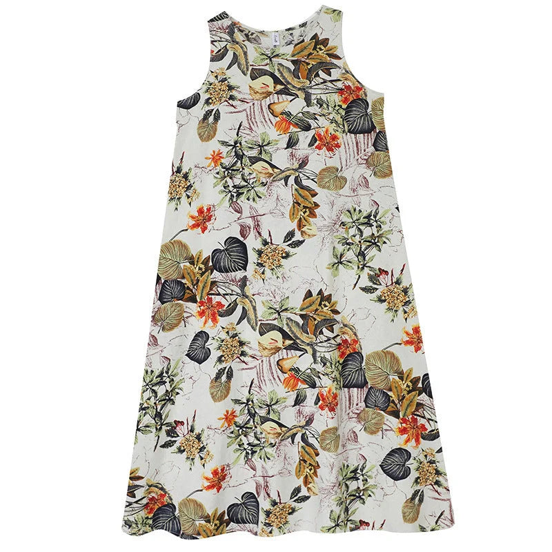 Elegant cotton linen dress in classic colours, featuring a sleeveless design and a loose waist silhouette for a flattering fit.