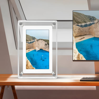 Transparent 5-inch acrylic digital photo frame with anti-dumping bracket on rear