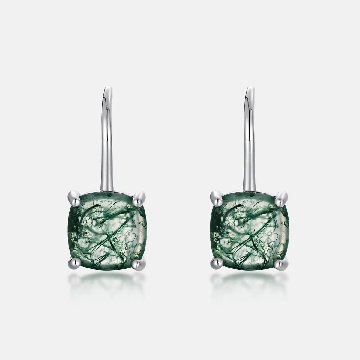 Green moss agate stud earrings in 925 silver with 8 x 8mm geometric quadrilateral stones