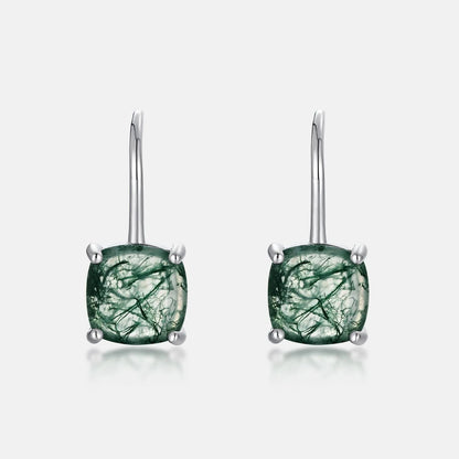Green moss agate stud earrings in 925 silver with 8 x 8mm geometric quadrilateral stones