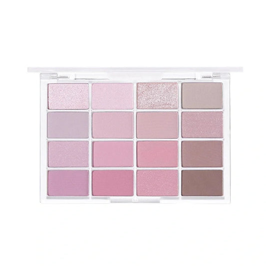 16-colour eyeshadow palette showing shimmer and matte shades including pink and brown tones