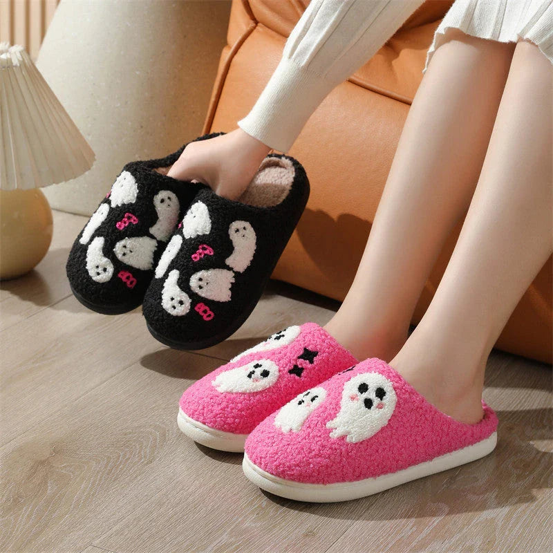 Cozy Halloween ghost-themed cotton slippers for women in pink and black colors