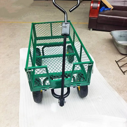 Green four-wheel hand push trolley with iron frame and terrain rubber wheels for 350kg load capacity