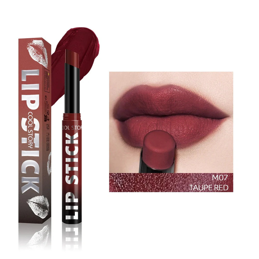 Dual-use lipstick and lip gloss stick showing eight shade options from nude to berry colours