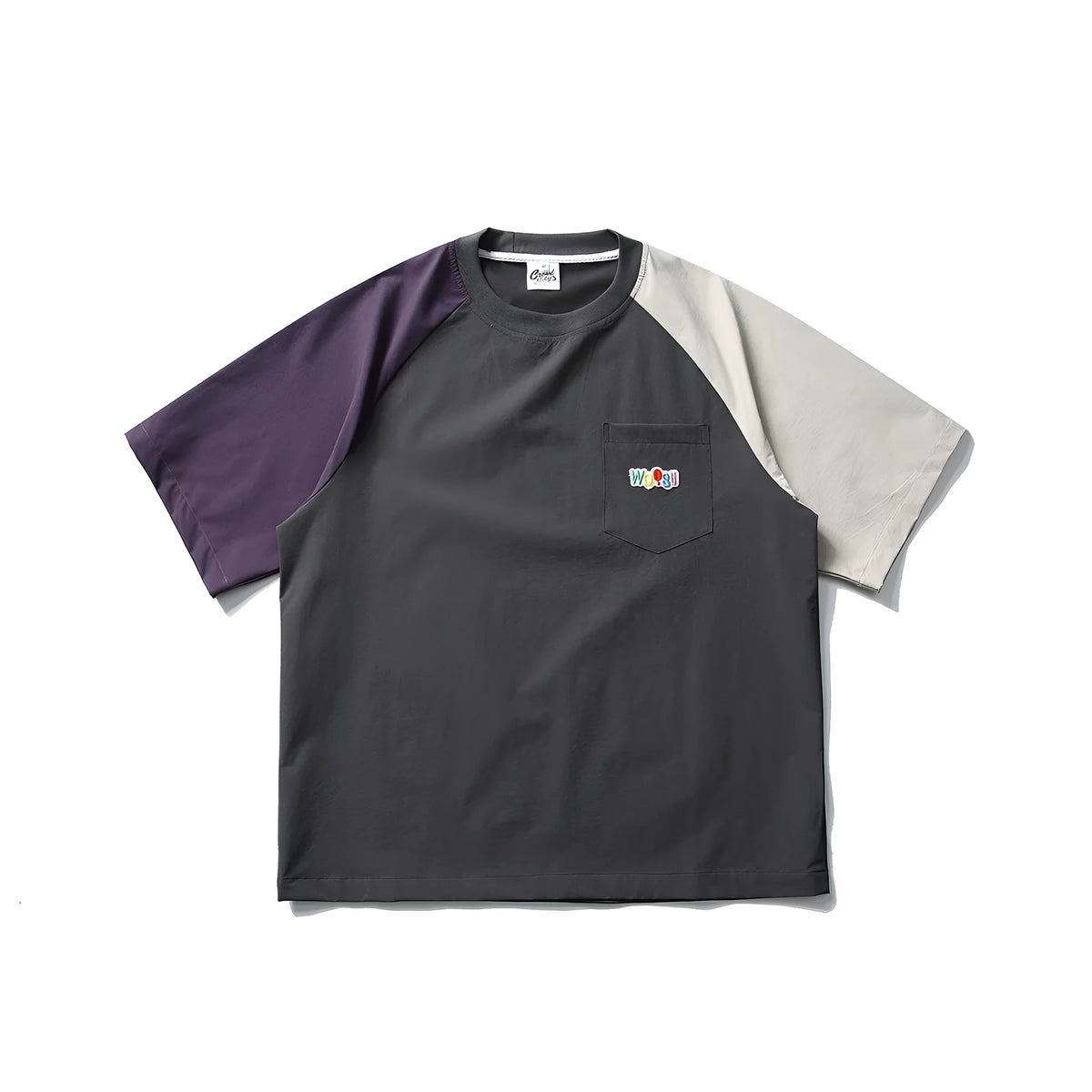 Dark grey men's loose fit t-shirt with contrasting colour raglan sleeves.