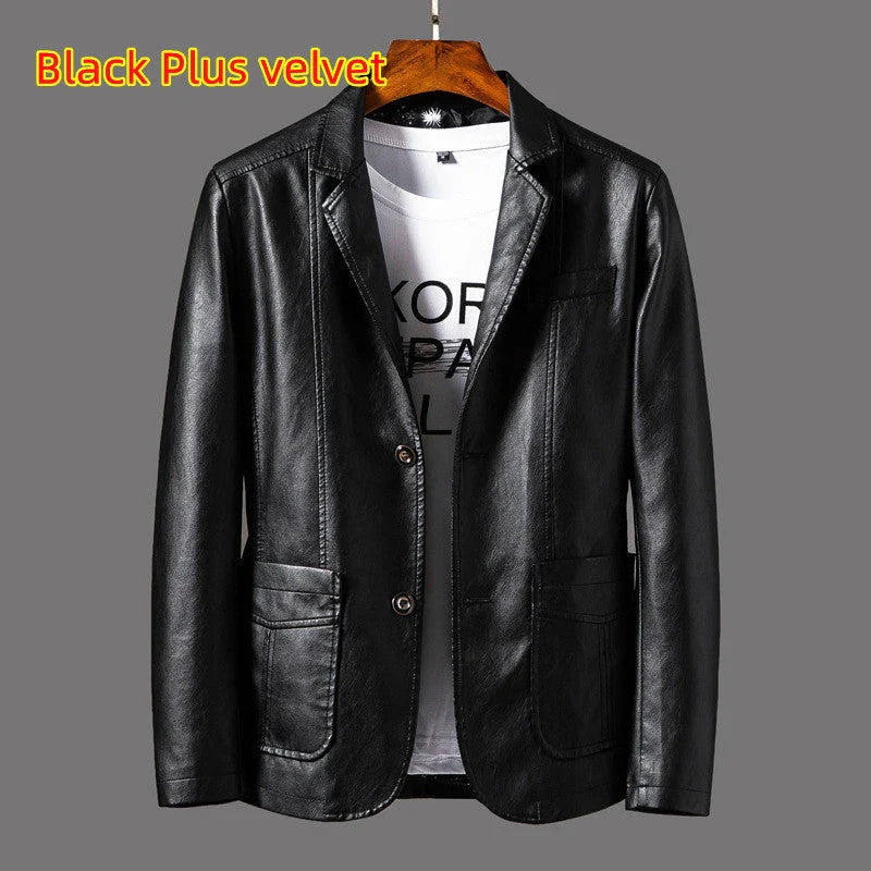 Premium leather jacket for men in orange, red, and black colors with a classic collar, studded lapels, and quilted sleeves