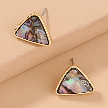 Triangular earrings with natural abalone shell set in a sleek zinc alloy frame