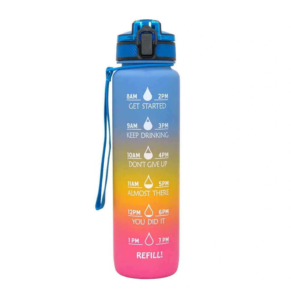 1000ml gradient plastic sports water bottle in blue-green, 29.5cm height, food grade with secure lid for hydration